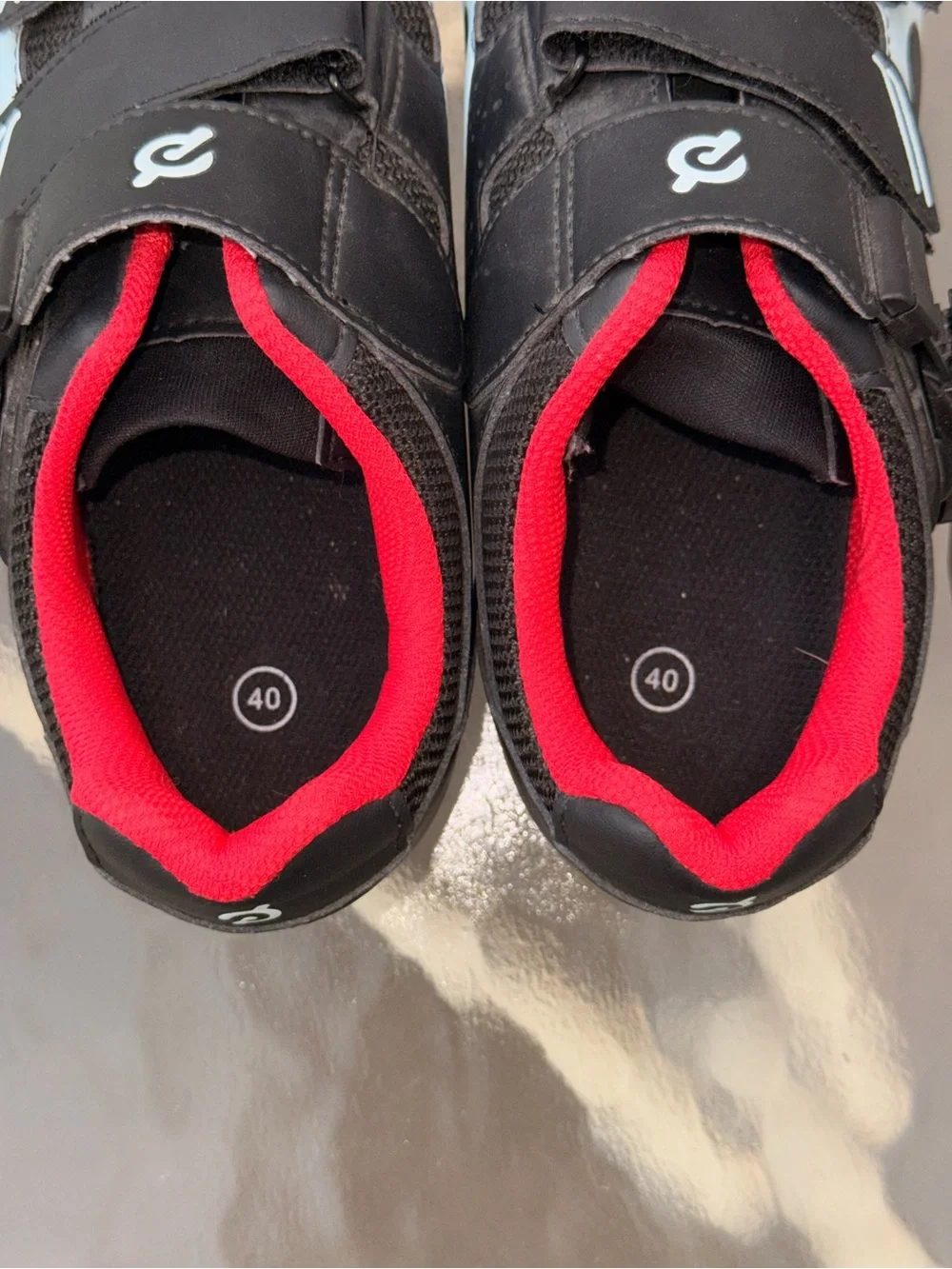 Peloton Kids Black Shoes with Red Lining and Light Blue Accent